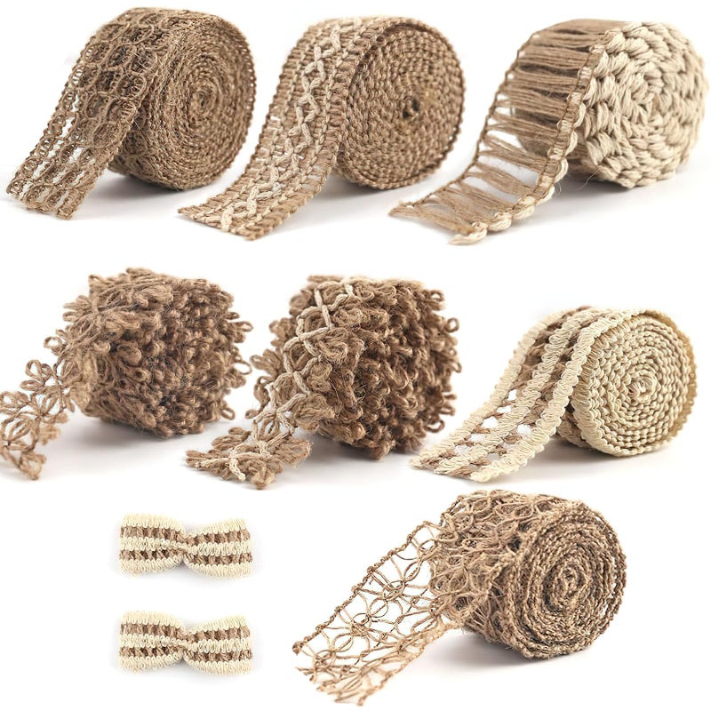 VGOODALL 7 Rolls Burlap Ribbon, Natural Jute Ribbons Lace Mesh Wedding Trim Decor, for DIY Wrapping Gifts Holiday Party Decorations - Image 1